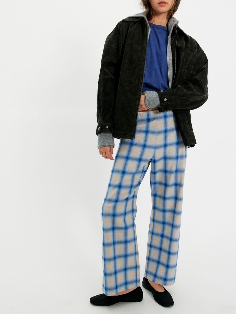 DONNI. Plaid Flannel Crop Simple Pants Blueberry